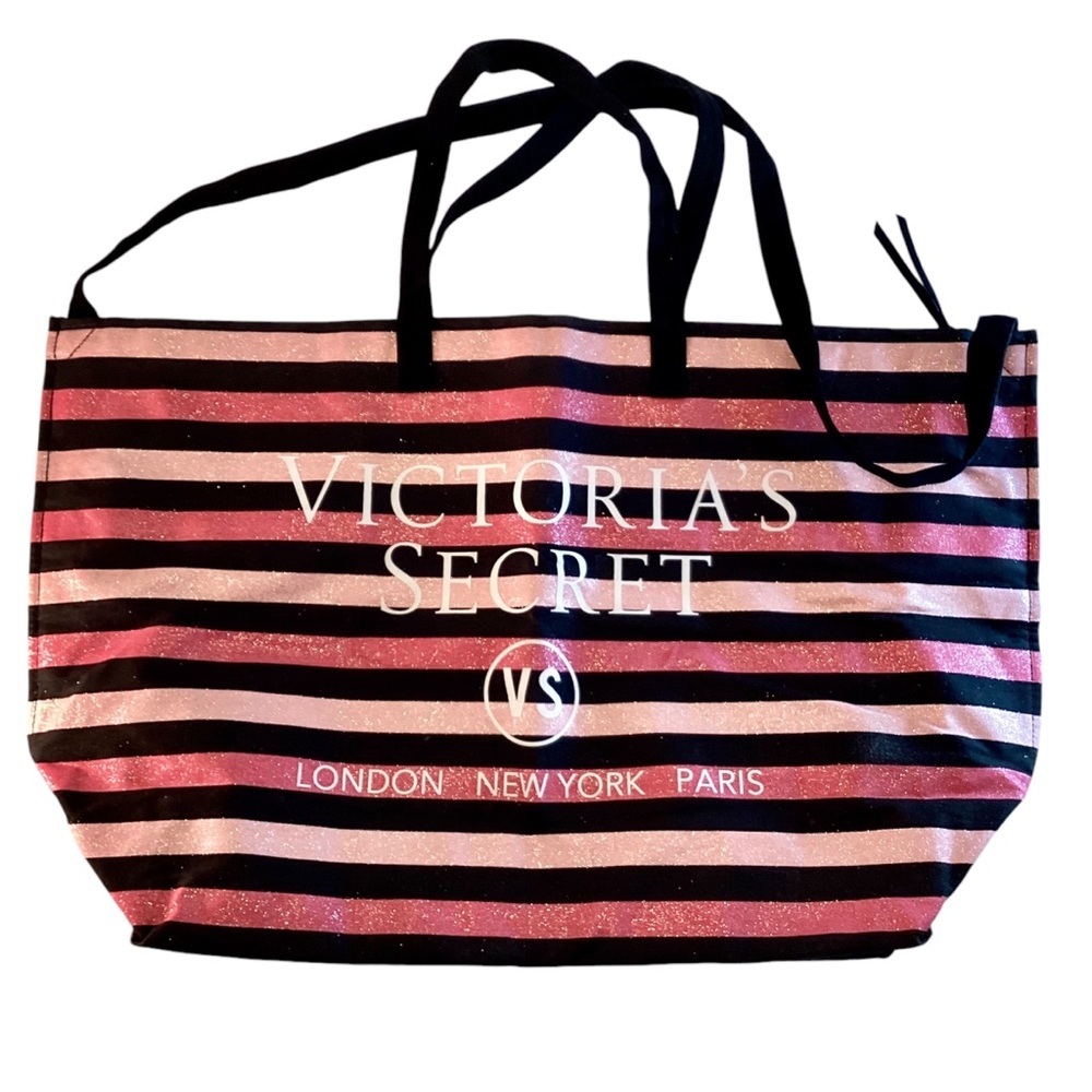 Victoria's Secret Weekender Bag XL Duffel Bag Pink Black Stripes Glitter Shimmer